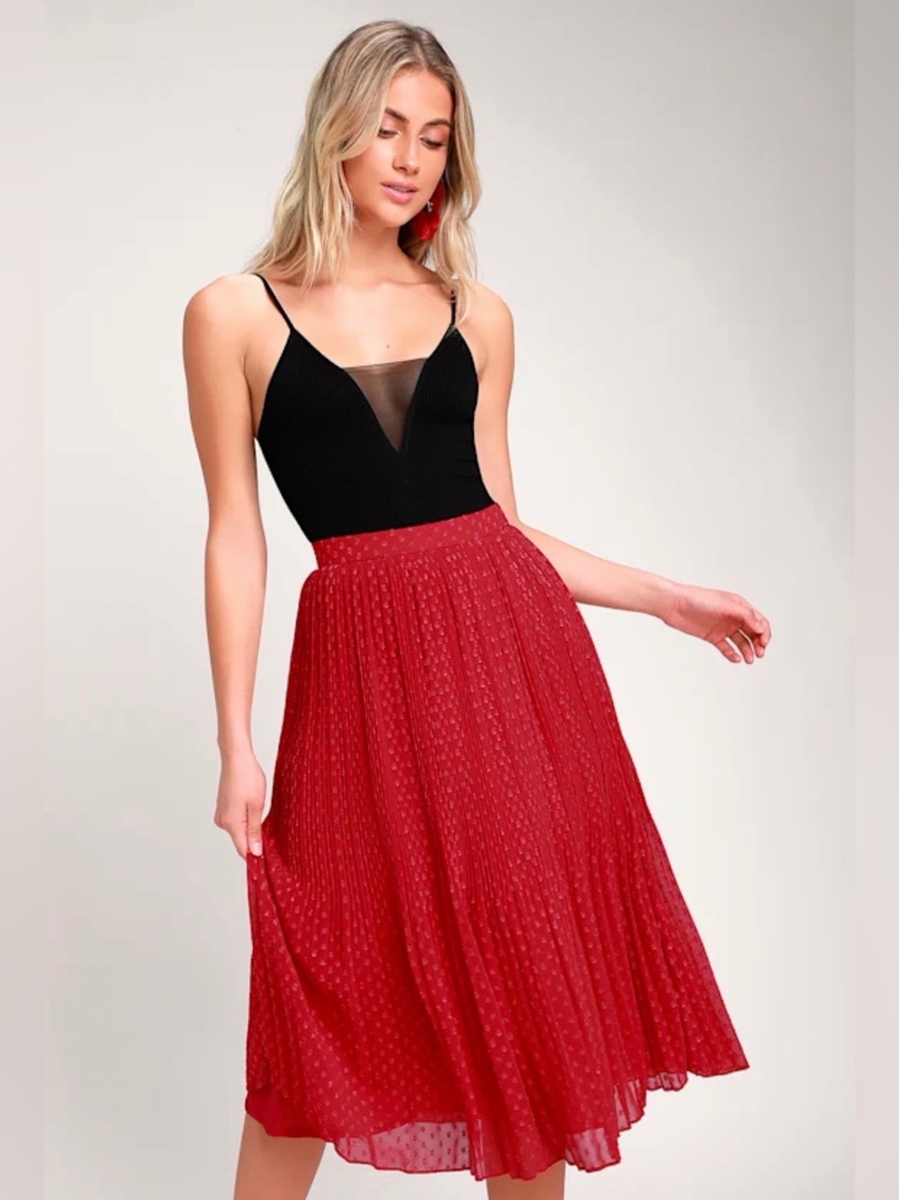 Lulus Swiss Dot Midi Skirt Cherry Red